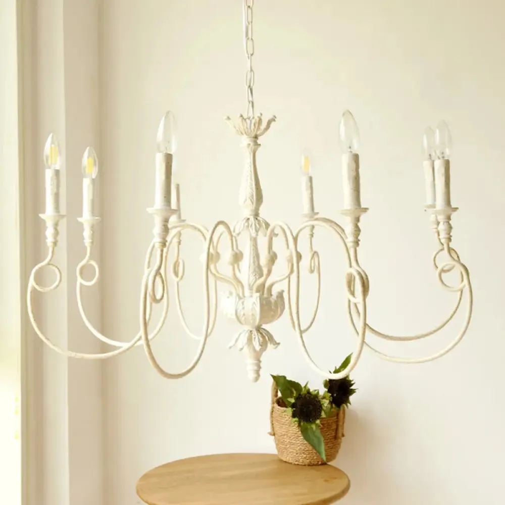 Traditional Metal Curve Arm Chandelier - White Hanging Light with 6/8 Lights for Living Room