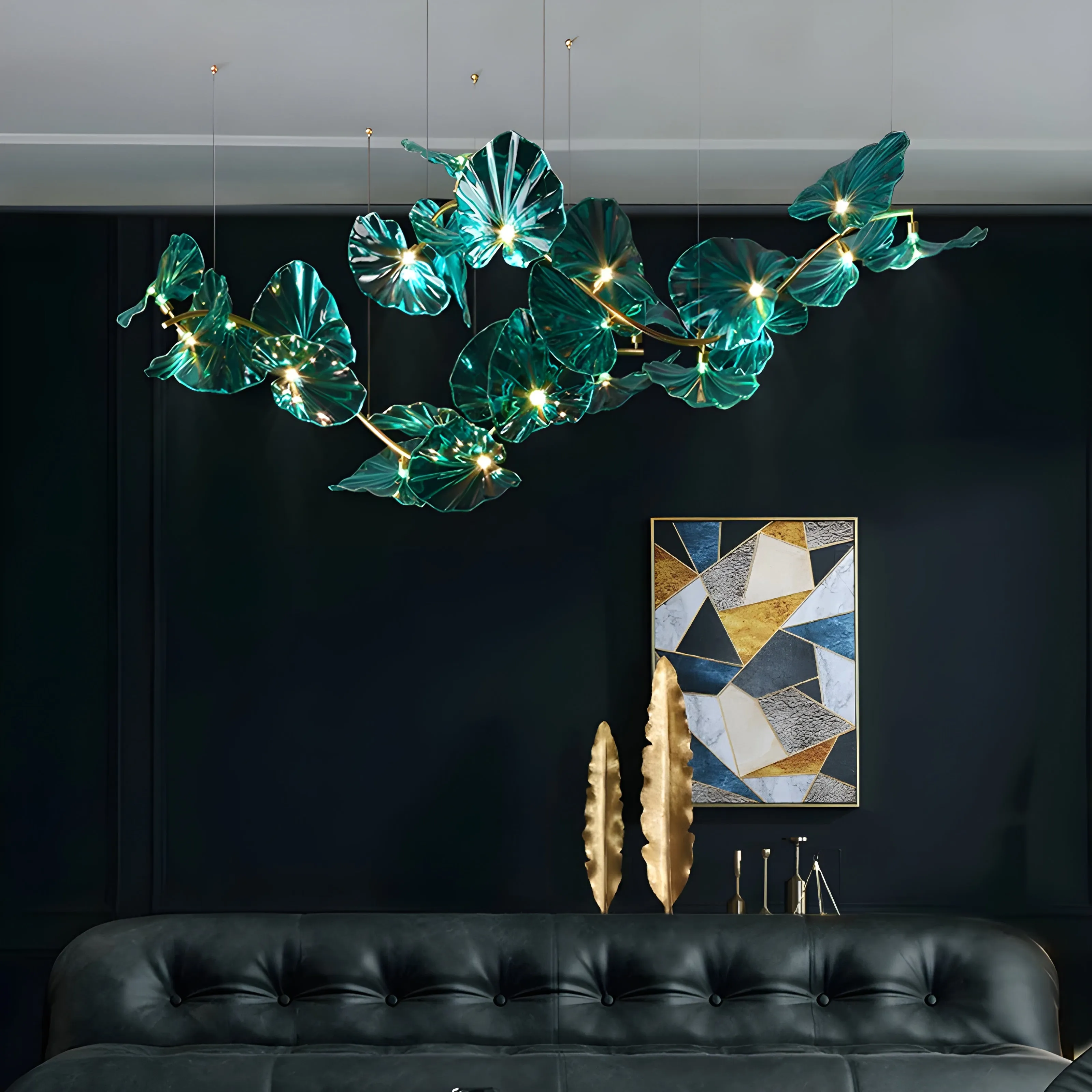 Unique Green Glass Leaves Shaped Pendant Chandelier