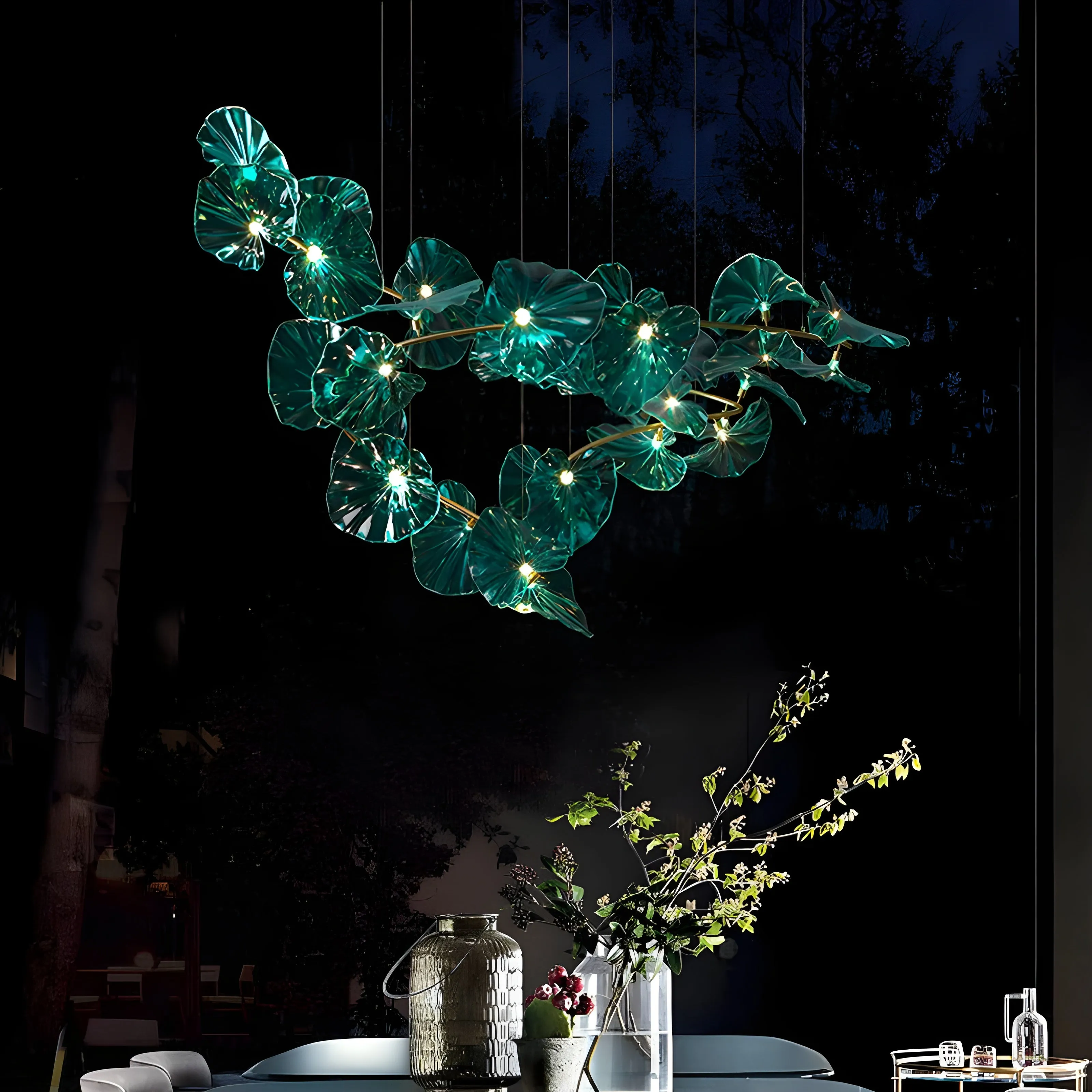 Unique Green Glass Leaves Shaped Pendant Chandelier