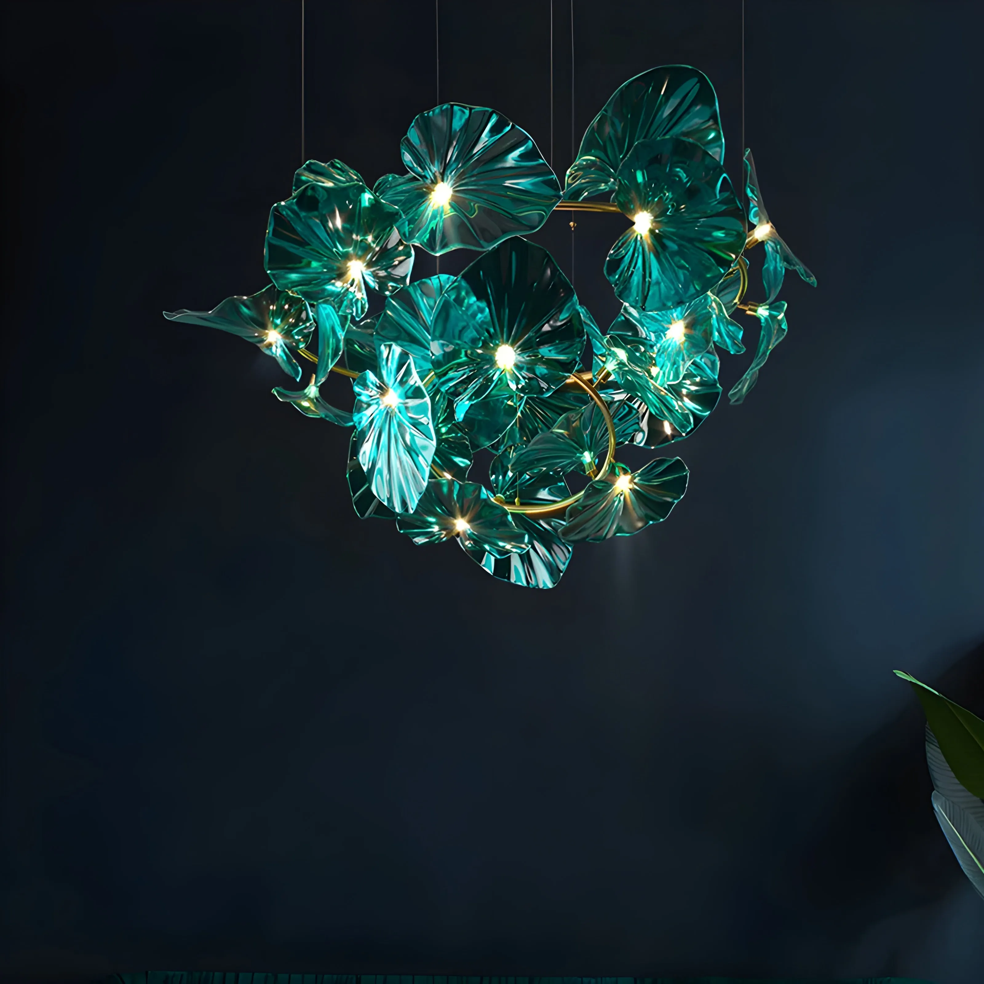 Unique Green Glass Leaves Shaped Pendant Chandelier