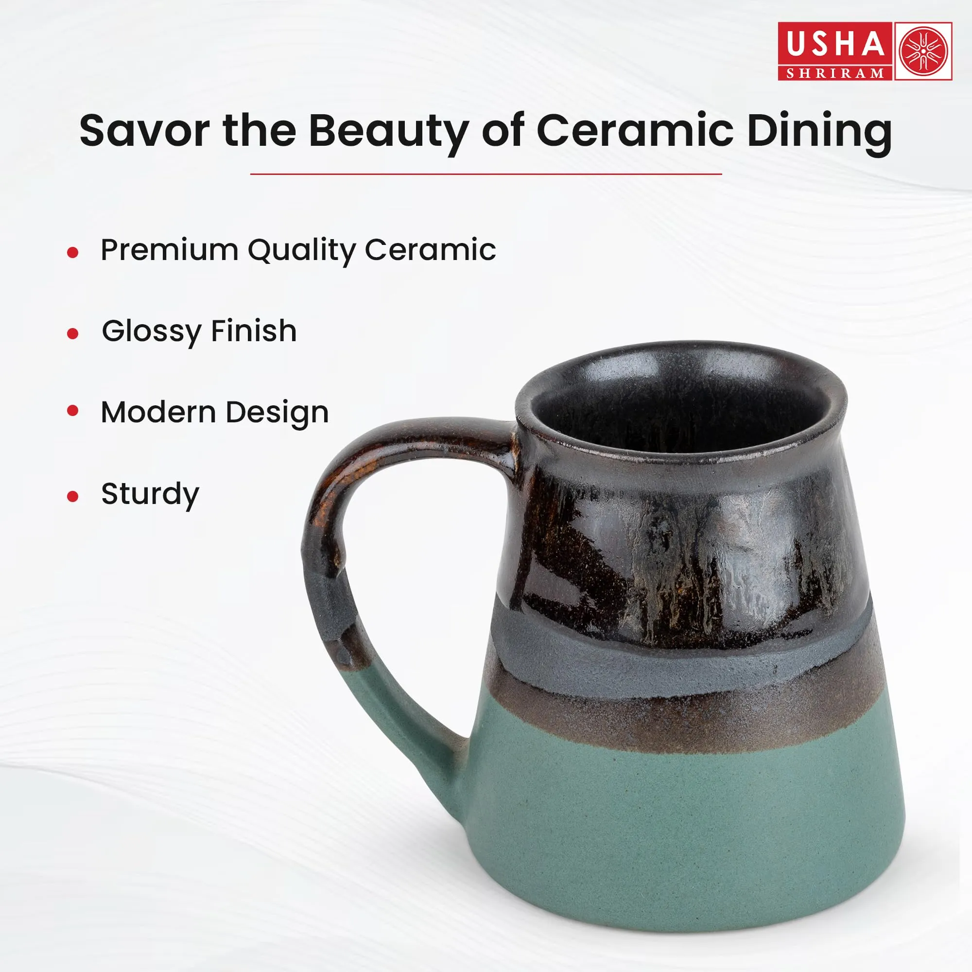 USHA SHRIRAM Ceramic Tea Coffee Cup with Handles (320 ml x 2) | | Microwave Safe Tea Coffee Mugs for Home Office | Glossy Finish | Ceramic Mug for Gift | Gifting Mug Set | (Pack of 2- Olive-Black)