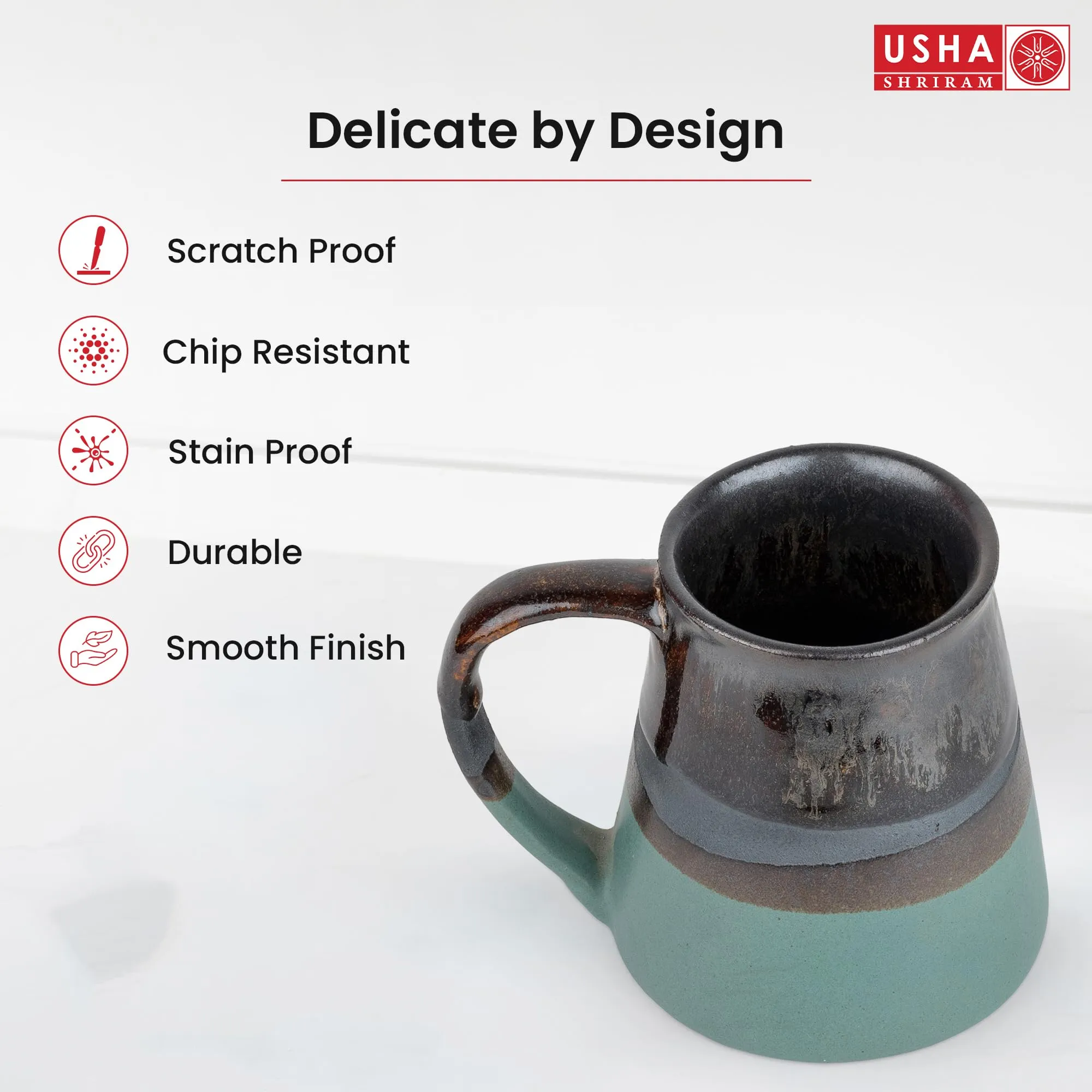 USHA SHRIRAM Ceramic Tea Coffee Cup with Handles (320 ml x 2) | | Microwave Safe Tea Coffee Mugs for Home Office | Glossy Finish | Ceramic Mug for Gift | Gifting Mug Set | (Pack of 2- Olive-Black)