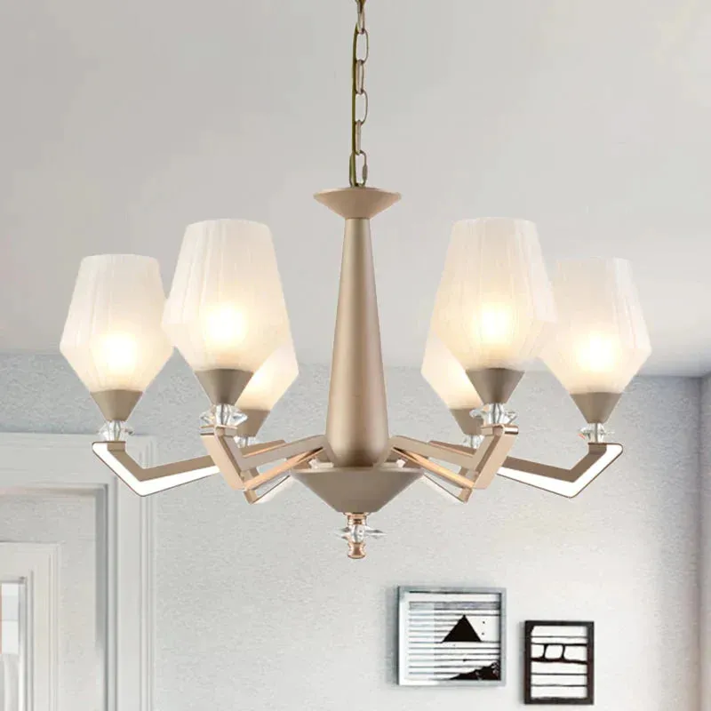 White Frosted Glass Cup Shape Chandelier Traditional 3/6 Bulbs Bedroom Pendulum Light in Gold