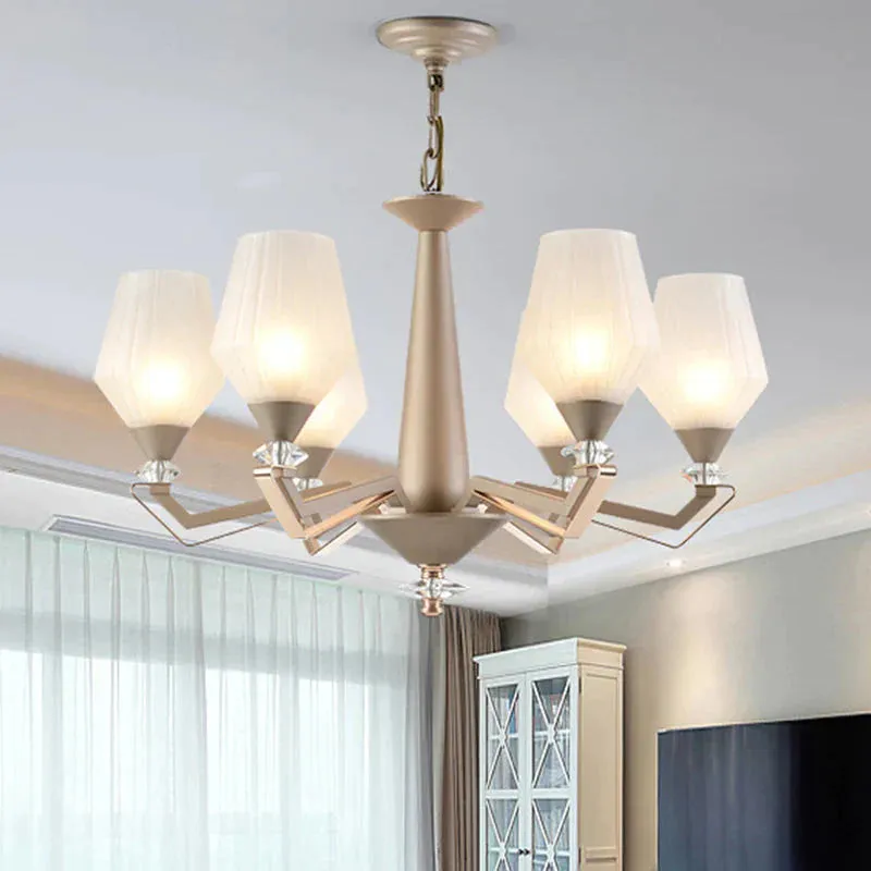 White Frosted Glass Cup Shape Chandelier Traditional 3/6 Bulbs Bedroom Pendulum Light in Gold