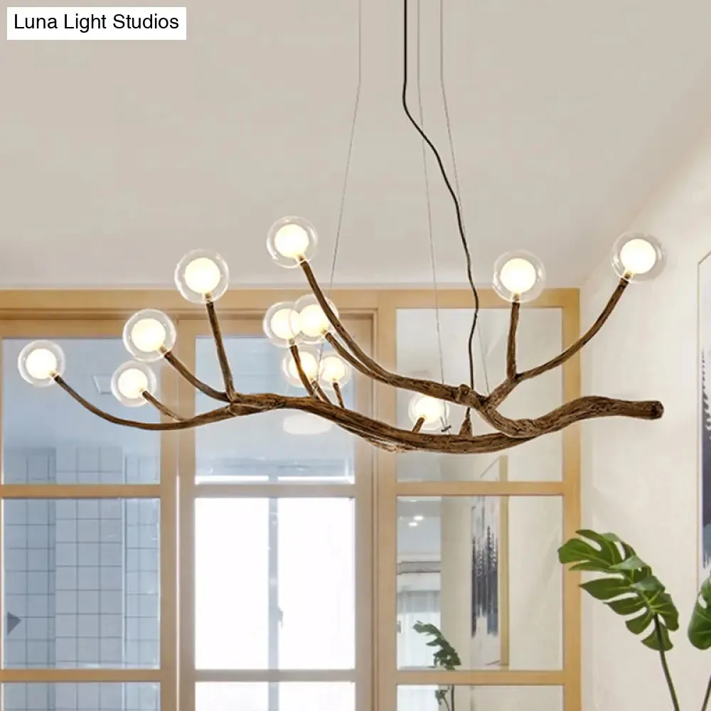 Wooden Branch Chandelier Lodge Style Ceiling Light with Glass Ball Shade - Warm/White Light, 8/12/16 Lights