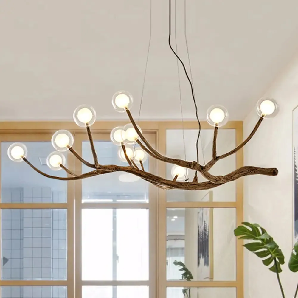 Wooden Branch Chandelier Lodge Style Ceiling Light with Glass Ball Shade - Warm/White Light, 8/12/16 Lights