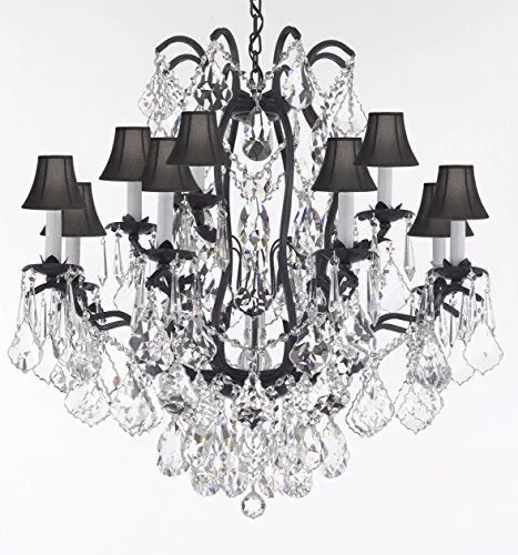 Wrought Iron Crystal Chandelier Lighting Dressed With Diamond Cut Crystal Good For Dining Room Foyer Entryway Family Room Bedroom Living Room And More H 30" W 28" 12 Lights - A83-B91/Blackshades/3034/8 4Dc