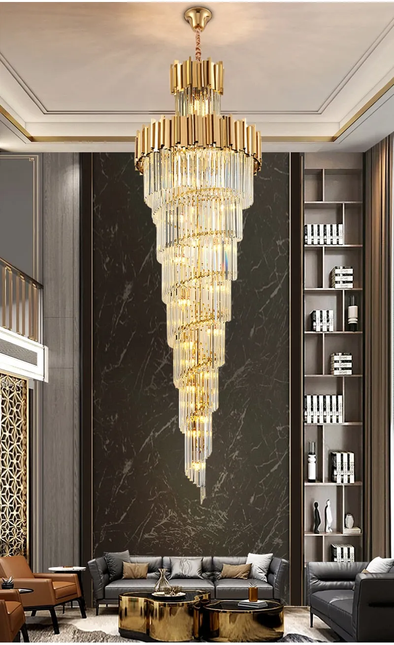 YLK Aries 2-Tier Spiral Design Modern Crystal Chandelier Luxury Lobby Long Hang Light