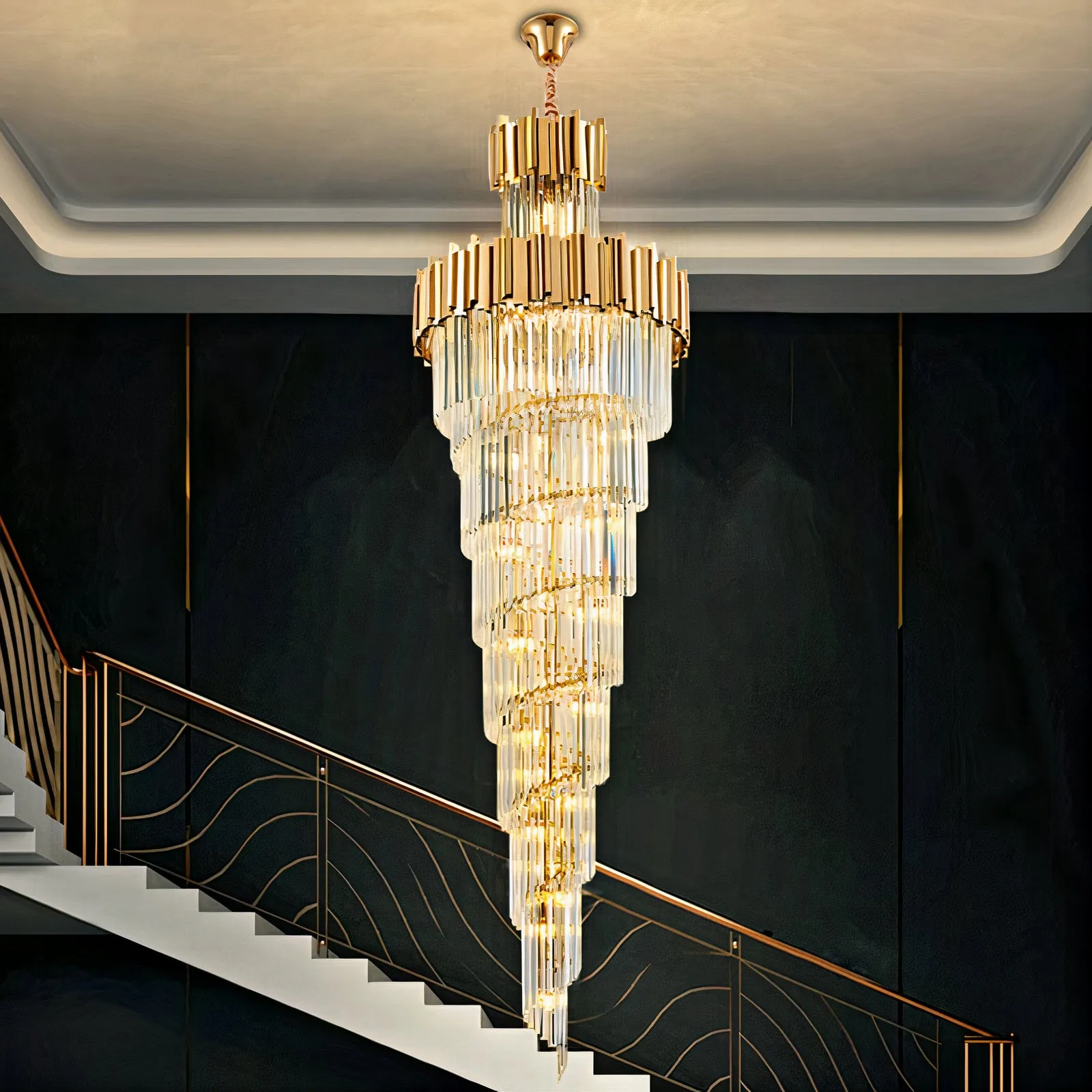 YLK Aries 2-Tier Spiral Design Modern Crystal Chandelier Luxury Lobby Long Hang Light