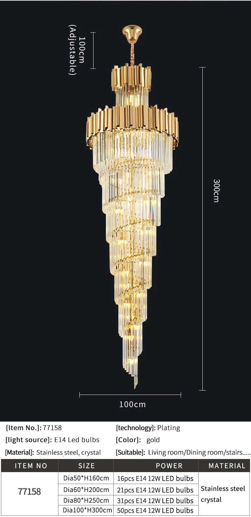 YLK Aries 2-Tier Spiral Design Modern Crystal Chandelier Luxury Lobby Long Hang Light