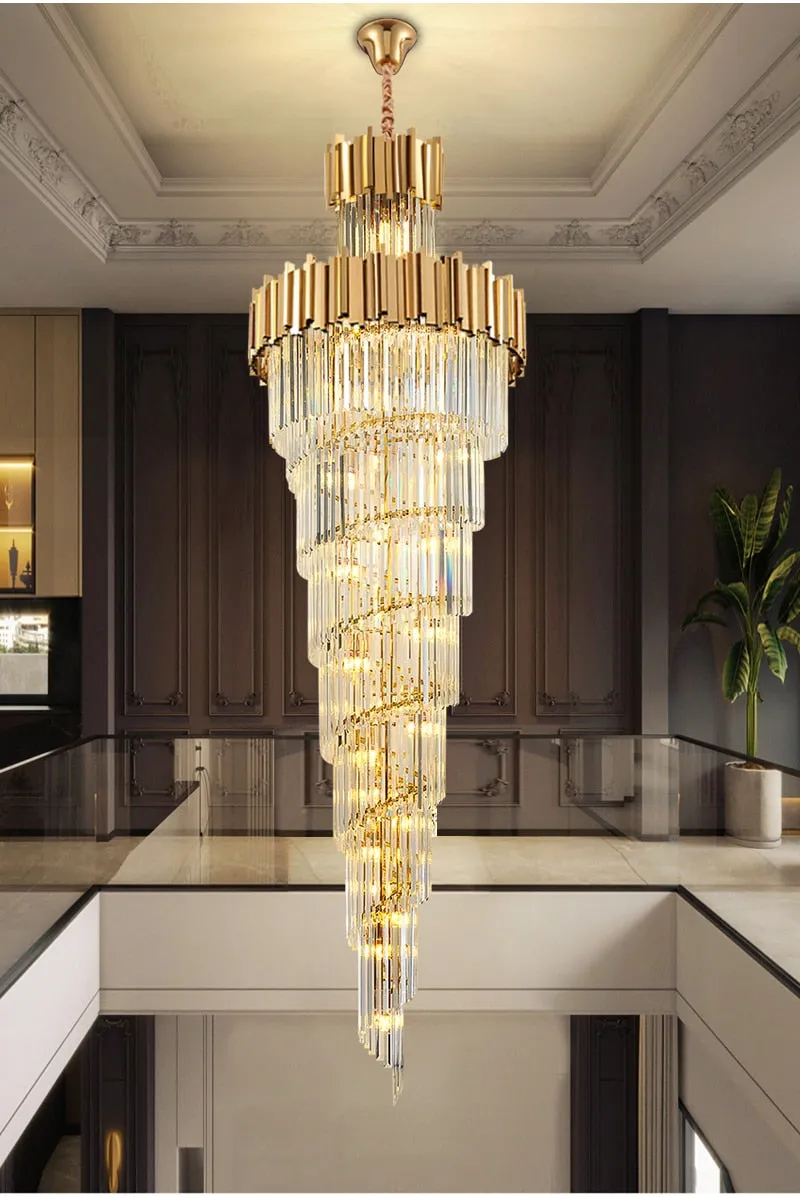 YLK Aries 2-Tier Spiral Design Modern Crystal Chandelier Luxury Lobby Long Hang Light