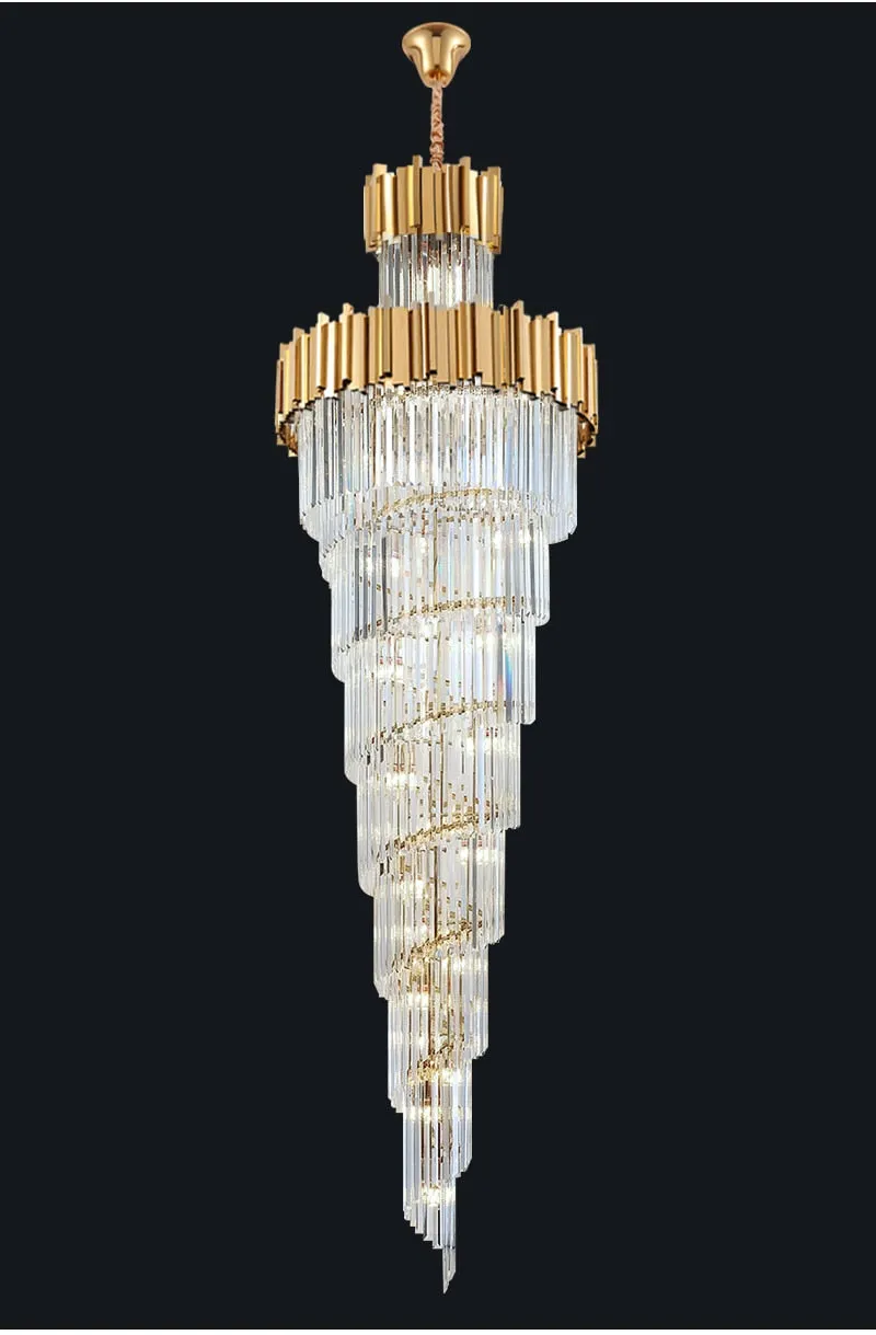 YLK Aries 2-Tier Spiral Design Modern Crystal Chandelier Luxury Lobby Long Hang Light