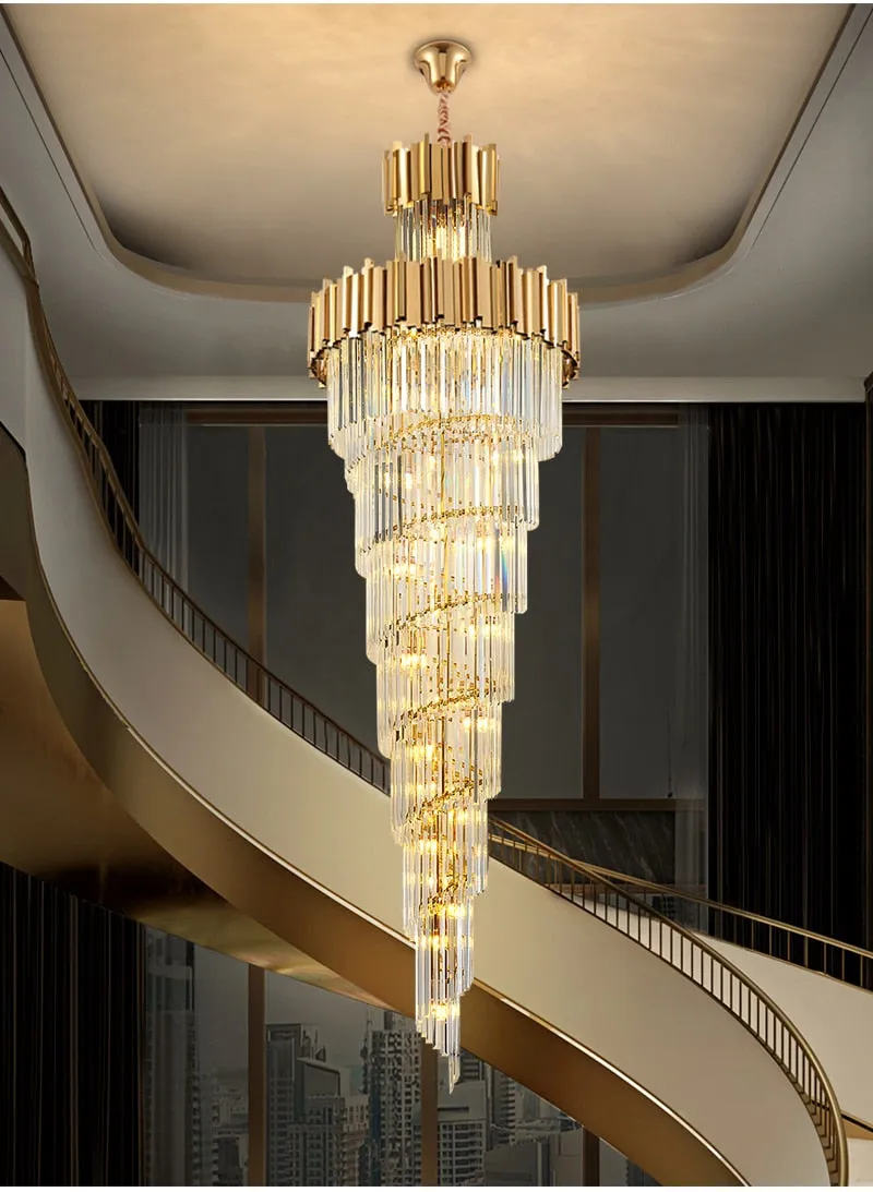 YLK Aries 2-Tier Spiral Design Modern Crystal Chandelier Luxury Lobby Long Hang Light