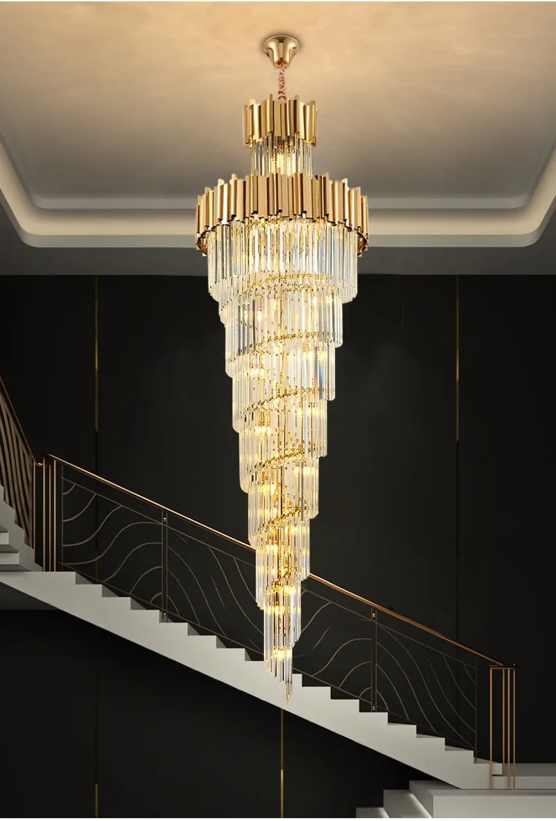 YLK Aries 2-Tier Spiral Design Modern Crystal Chandelier Luxury Lobby Long Hang Light