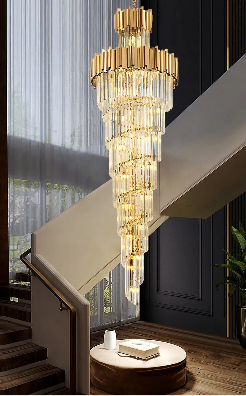 YLK Aries 2-Tier Spiral Design Modern Crystal Chandelier Luxury Lobby Long Hang Light