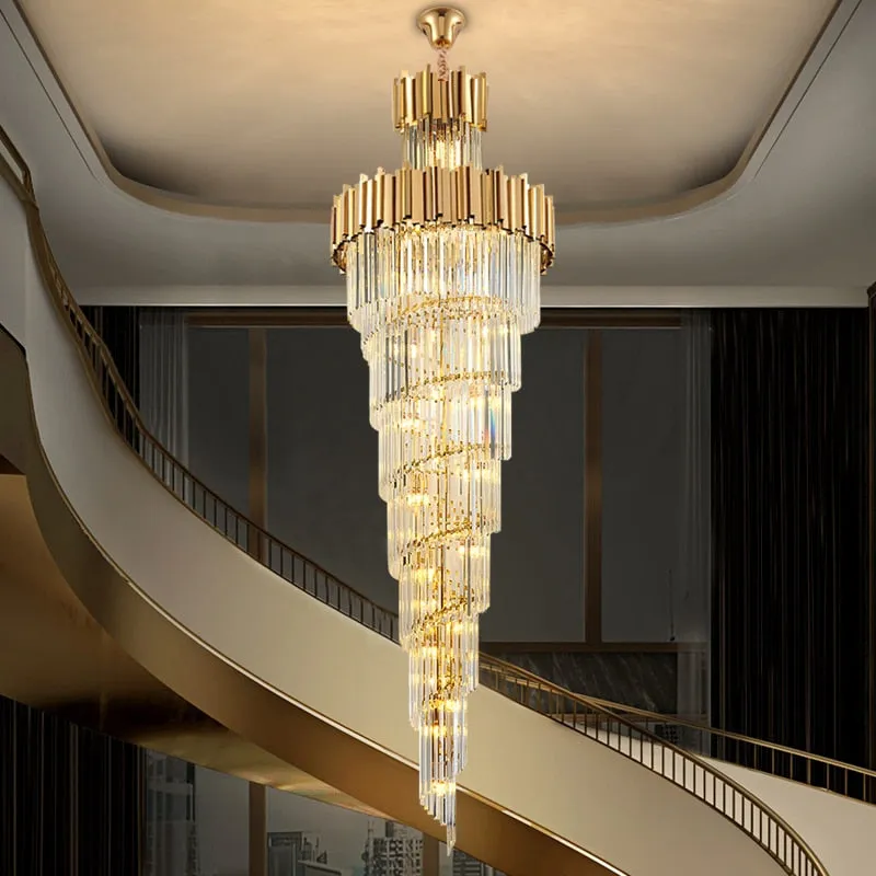 YLK Aries 2-Tier Spiral Design Modern Crystal Chandelier Luxury Lobby Long Hang Light