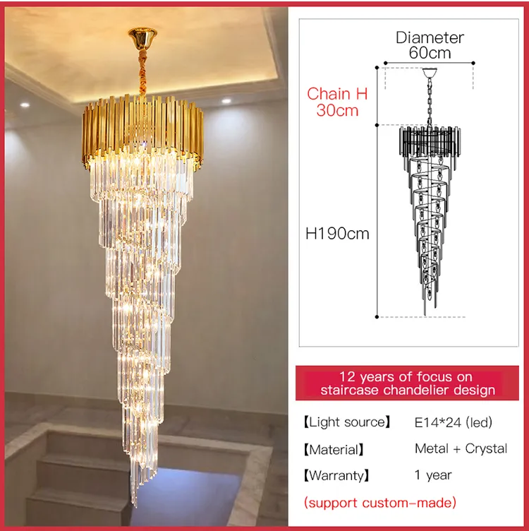 YLK Long modern crystal chandelier gold crystal lamp  large villa lobby hall light fixture