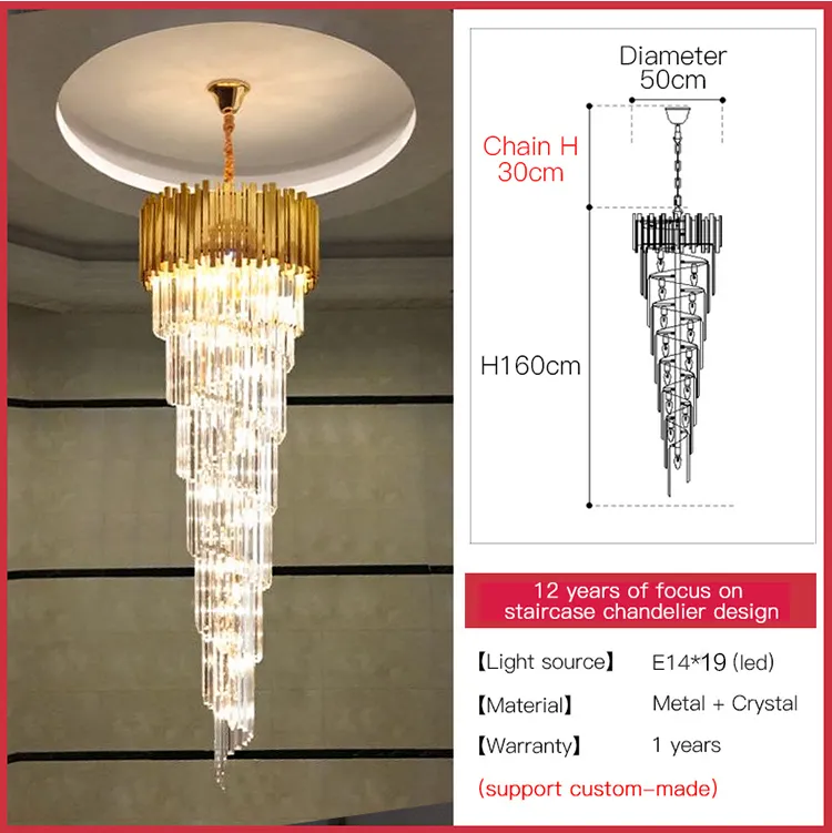 YLK Long modern crystal chandelier gold crystal lamp  large villa lobby hall light fixture