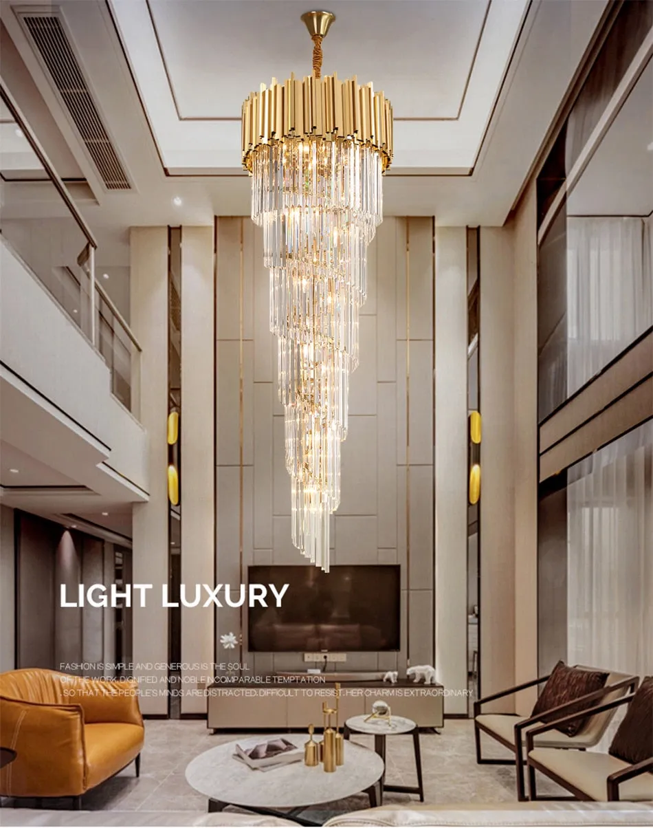 YLK Long modern crystal chandelier gold crystal lamp  large villa lobby hall light fixture