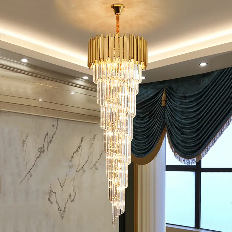 YLK Long modern crystal chandelier gold crystal lamp  large villa lobby hall light fixture