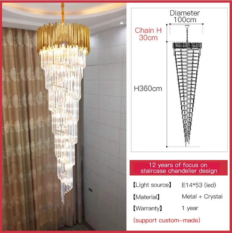 YLK Long modern crystal chandelier gold crystal lamp  large villa lobby hall light fixture