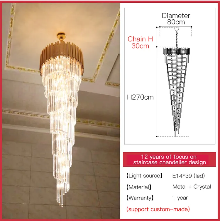 YLK Long modern crystal chandelier gold crystal lamp  large villa lobby hall light fixture