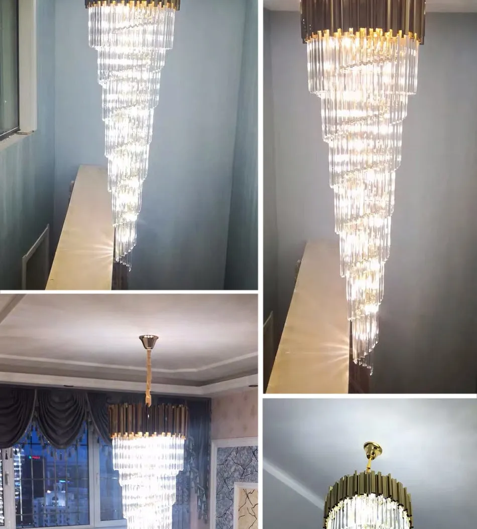 YLK Long modern crystal chandelier gold crystal lamp  large villa lobby hall light fixture