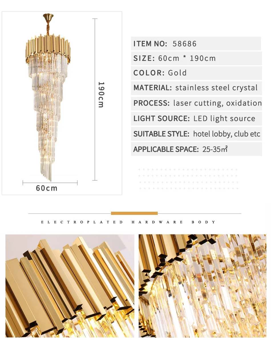 YLK Long modern crystal chandelier gold crystal lamp  large villa lobby hall light fixture