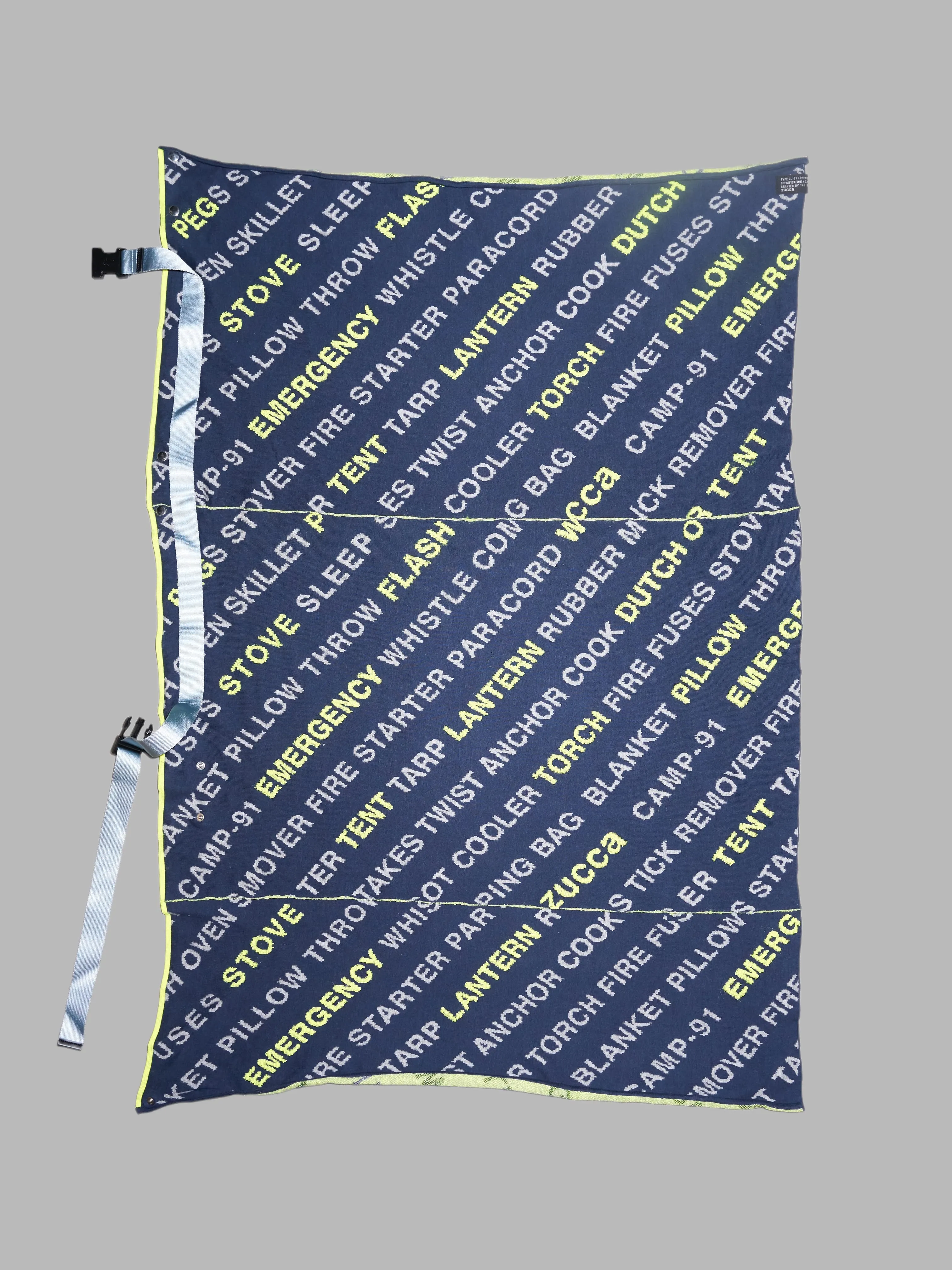 Zucca navy wrap skirt or blanket with text of camping equipment - M