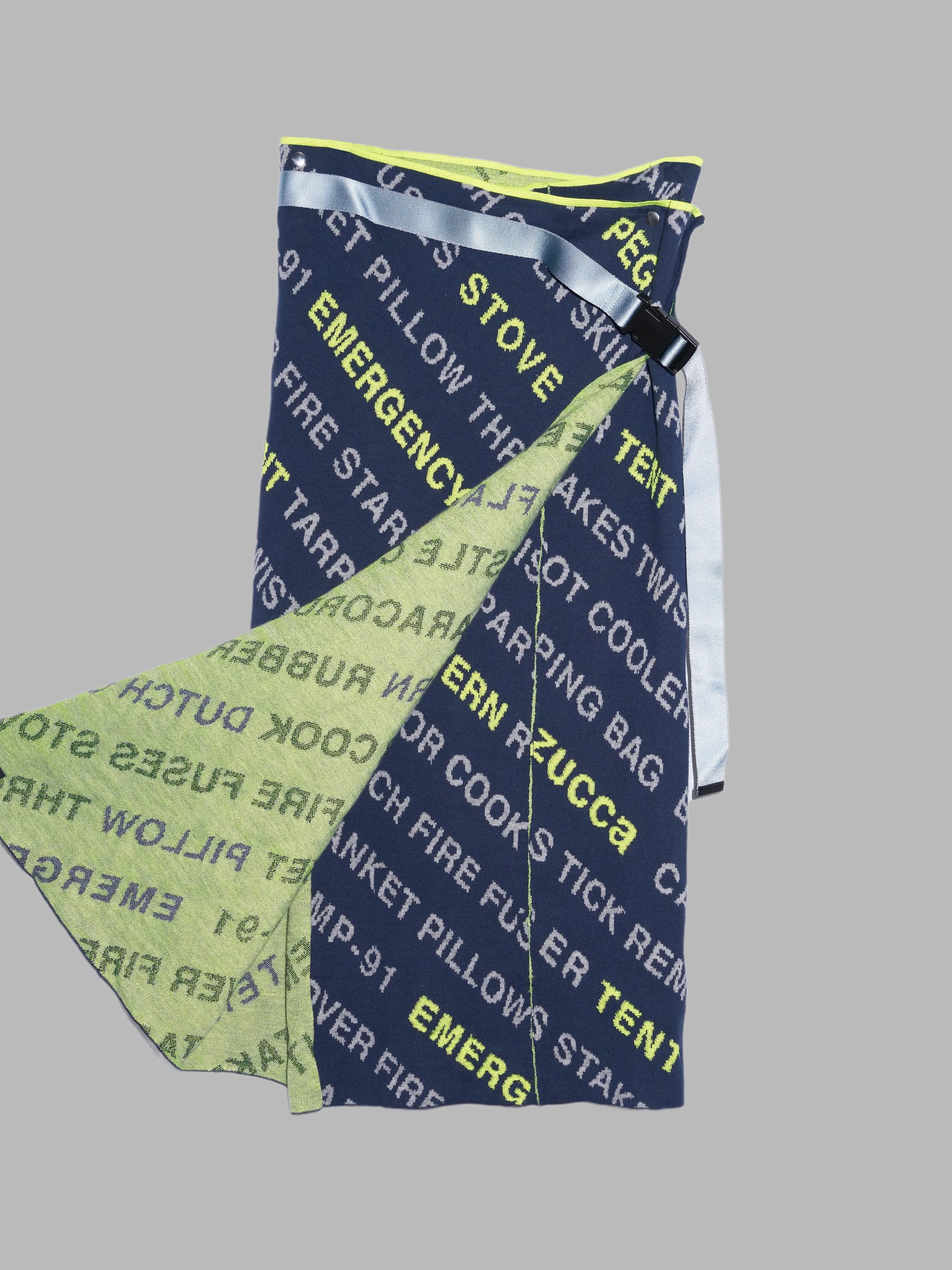 Zucca navy wrap skirt or blanket with text of camping equipment - M